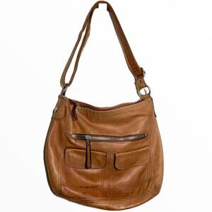 Fossil Leather Shoulder Bag Tan Brown Adjustable Shoulder Strap Zipper Pockets